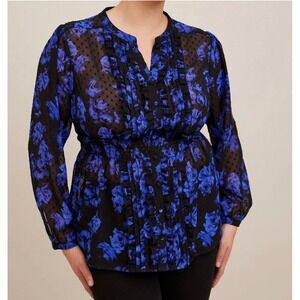 Torrid Women's Black Blue Rose Floral Chiffon Ruffle Smocked Waist Blouse Size 4
